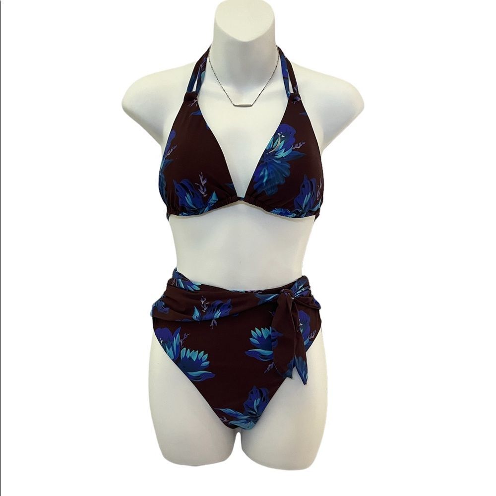 Bcbgmaxazria high waisted belt bikini size 10 brown blue floral flower pattern